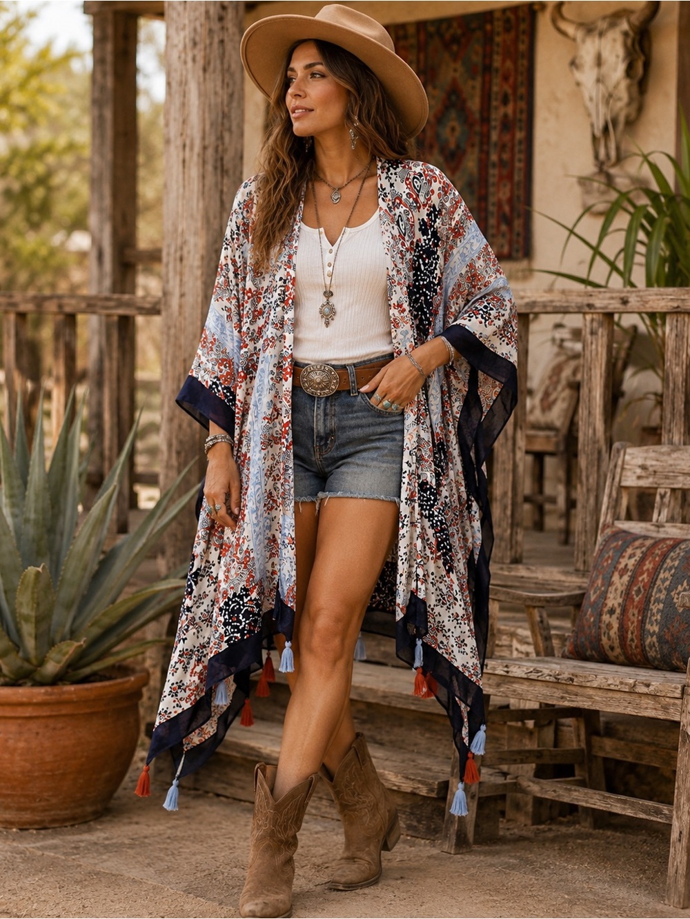 Sim & Sam Bohemian Patchwork Duster Kimono with Tassels Blue Red Size S/M